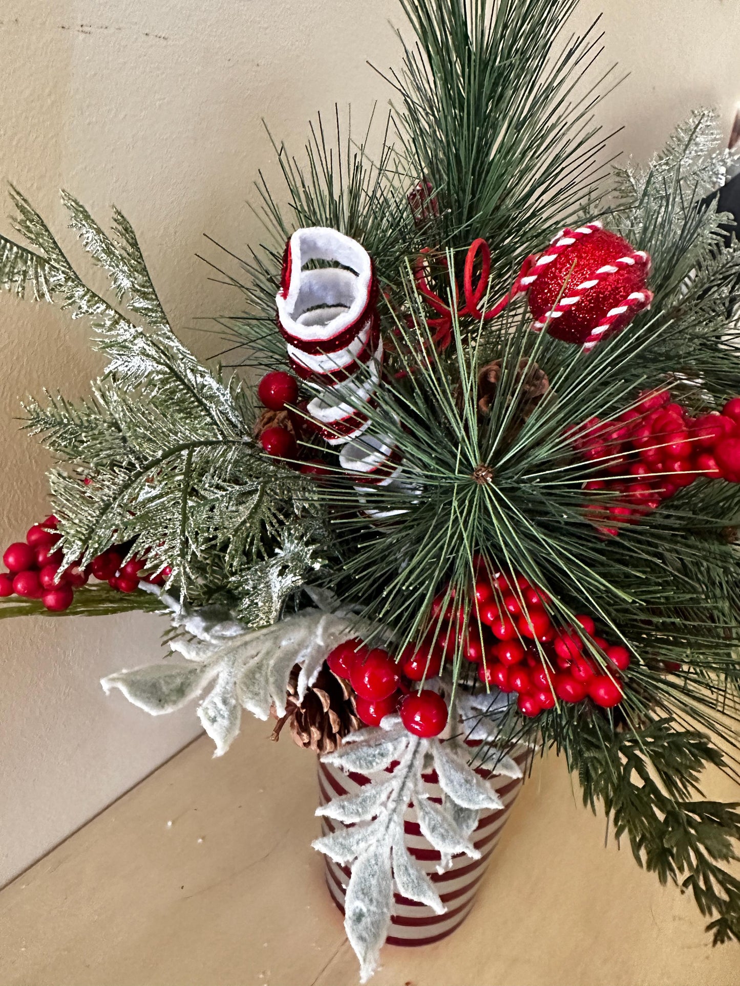 Christmas Centerpiece- Christmas Floral Arrangement- Holiday Decor- Peppermint Pine Arrangement- Candy Cane Theme Christmas Decor Rustic