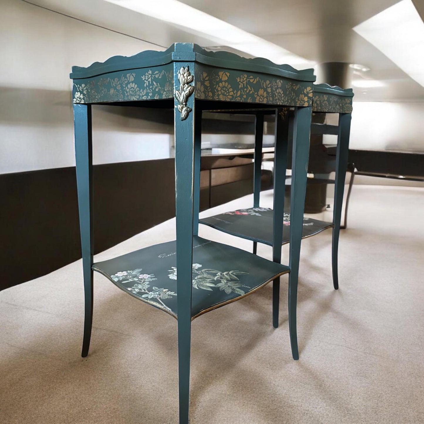 Vintage Green End Tables, Antique Square Side Tables, Nightstands with minimal floral accents, recessed scalloped design square top tables