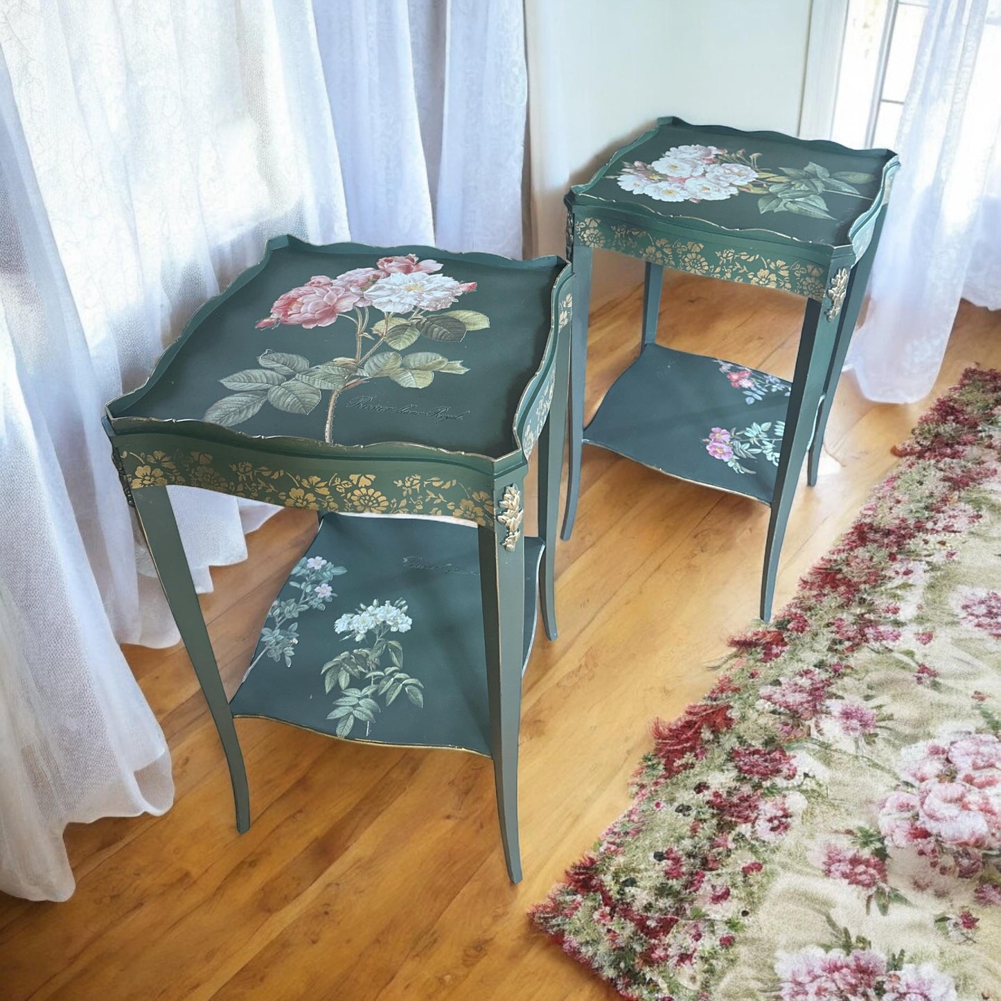Vintage Green End Tables, Antique Square Side Tables, Nightstands with minimal floral accents, recessed scalloped design square top tables
