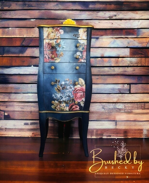 Blue painted floral jewelry armoire, Freestanding oraniser , Multiple drawers for more storage, Velvet lined interior, gold glamorous style