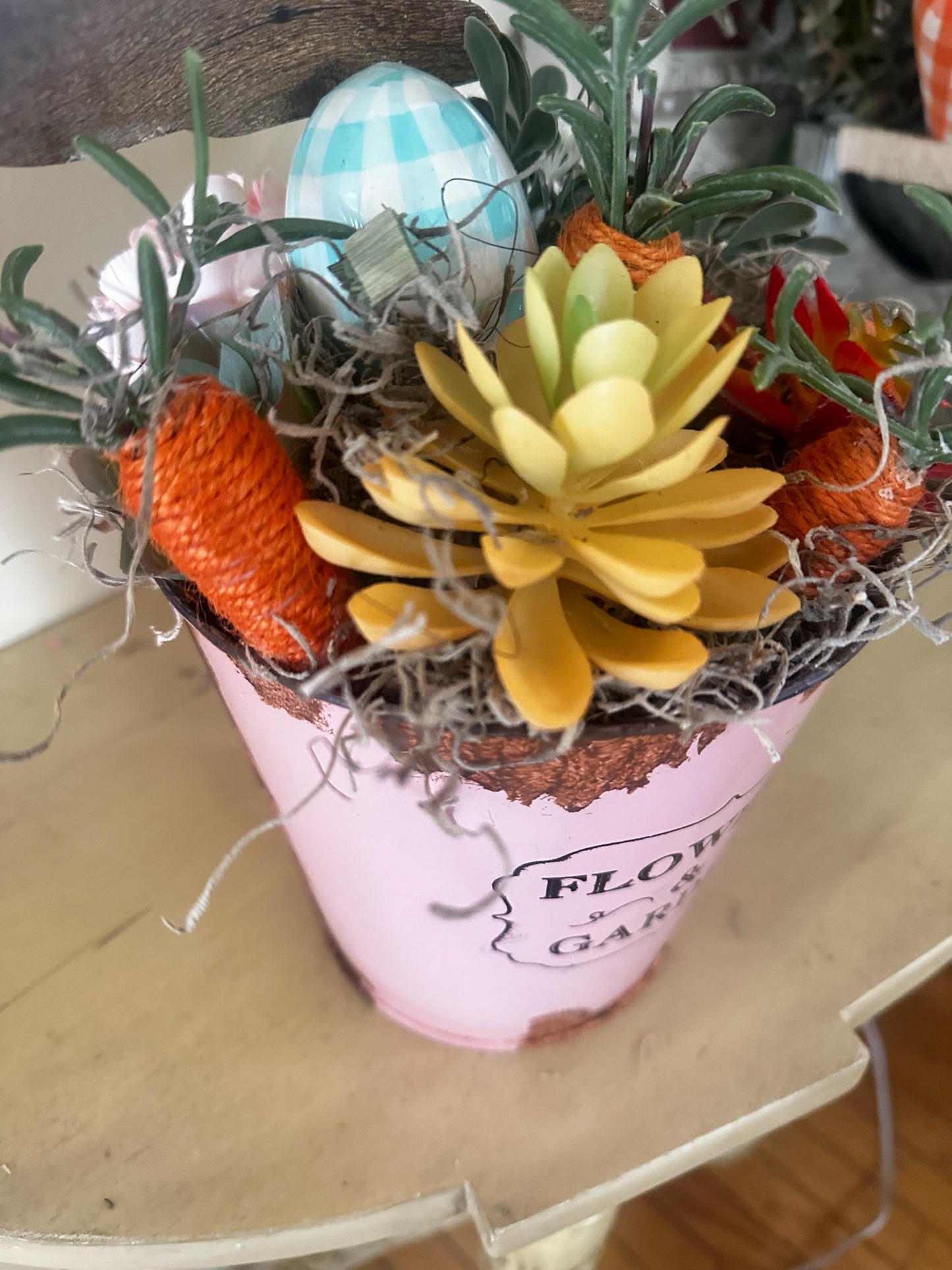 Easter Spring succulent floral center piece, pink faux rust metal flower pot for the vase, faux wood easter bunny, Easter Floral Decor