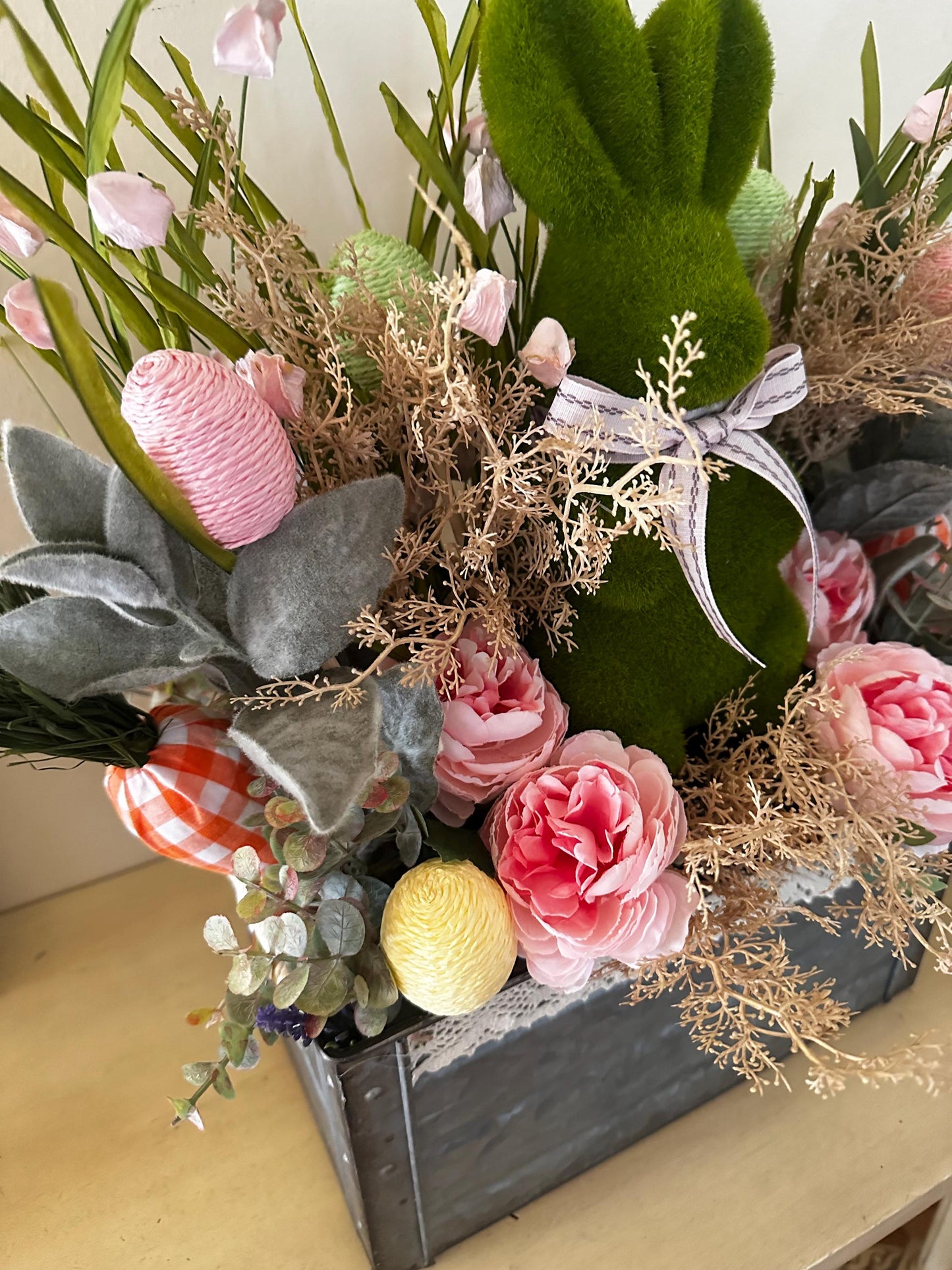 12 Inch Galvanised Easter-Spring Moss Bunny Center piece for dining table, rustic center piece, spring decor, Easter egg and carrot decor