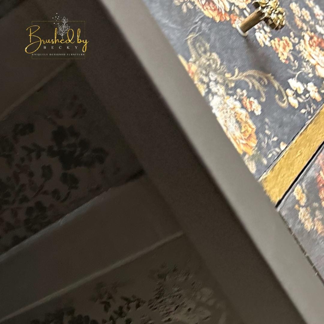 Antique black floral chest of drawers, decopauged romantic gold floral DIY three drawer project, bedroom, entryway living room furniture
