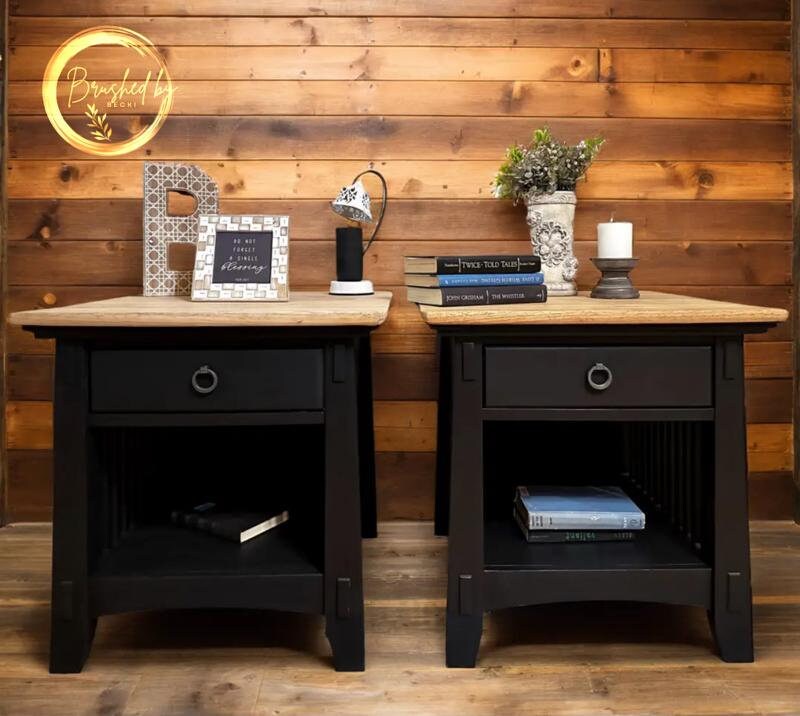 Rustic black and natural top wood end tables, minimalist chic style, Neutral wooden top side tables, single drawer and bottom storage.