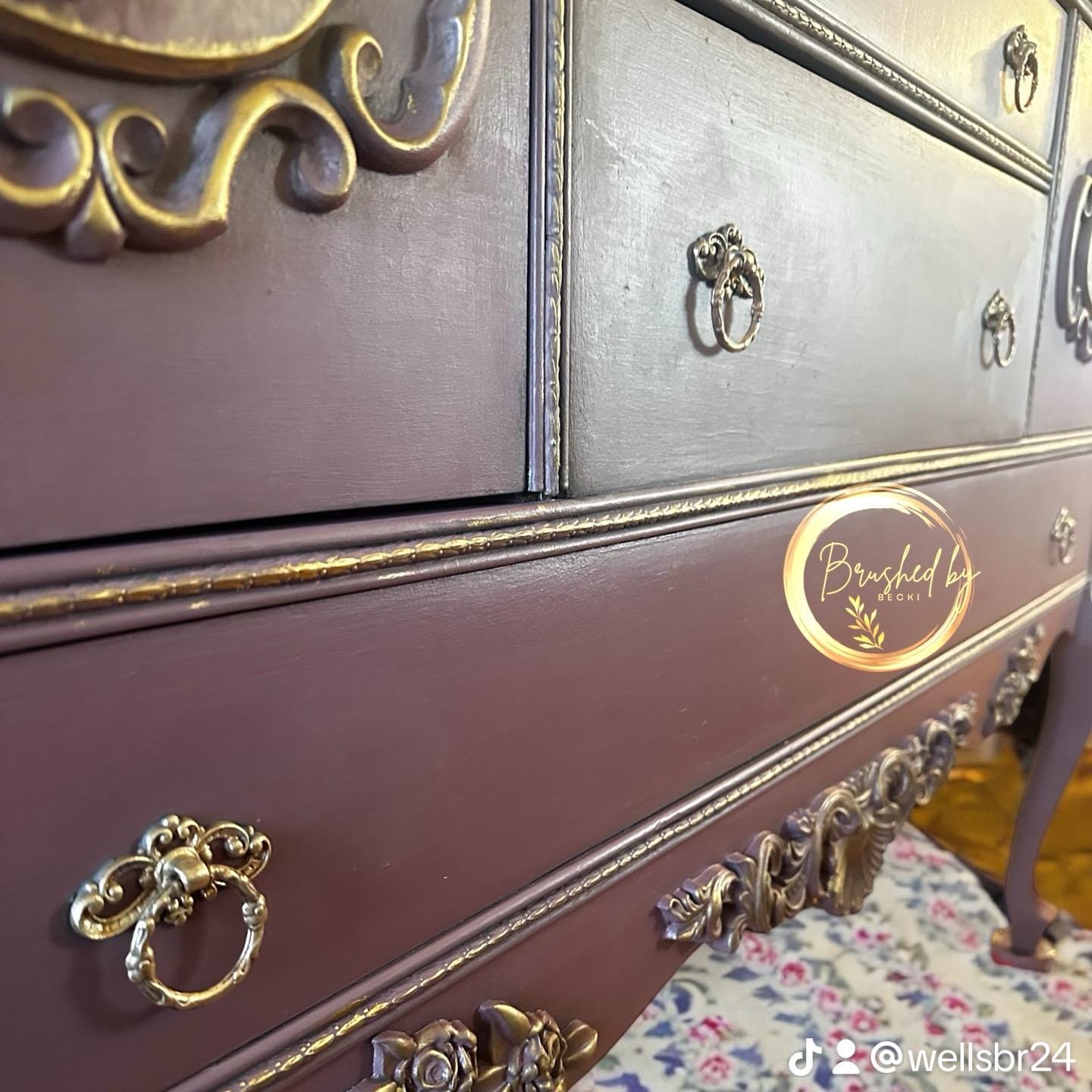 Antique Purple-Pink Hand Painted Buffet with Small Mirror, Entryway Cabinet, Shabby Chic Sepia Floral Decopauge, French Vintage Server
