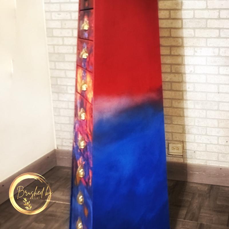 Unique guitar-shaped painted chest of drawers, Abstract Art Furniture,, Decopauged and Painted Tall Dresser with 10 Drawers,Pyramid Shaped