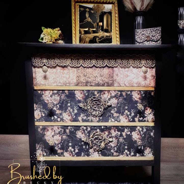 Antique black floral chest of drawers, decopauged romantic gold floral DIY three drawer project, bedroom, entryway living room furniture