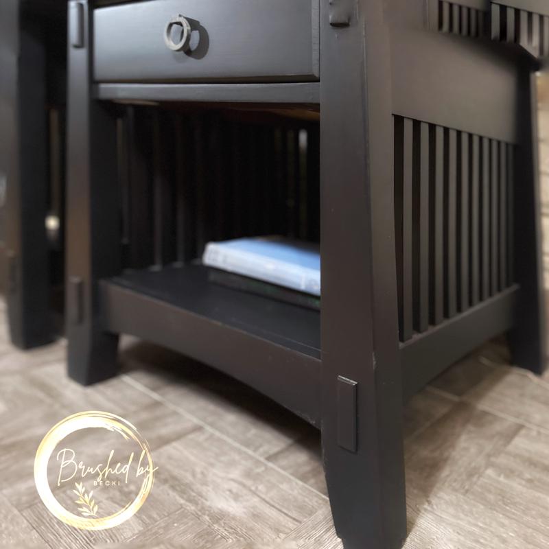 Rustic black and natural top wood end tables, minimalist chic style, Neutral wooden top side tables, single drawer and bottom storage.