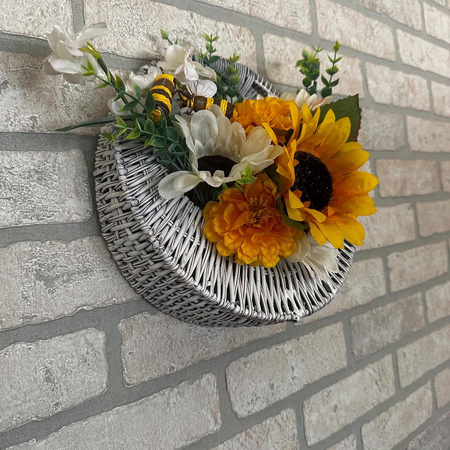 Farmhouse Sunflower Floral Arrangement, Sunflower Wicker Basket Hanging Decor, Gift for Mom, Countertop Home Decor, Sunflower Accent Piece