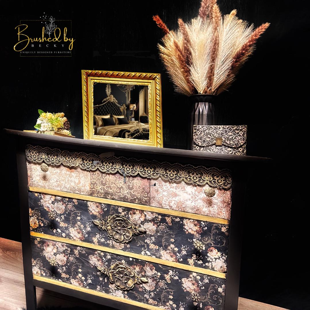 Antique black floral chest of drawers, decopauged romantic gold floral DIY three drawer project, bedroom, entryway living room furniture