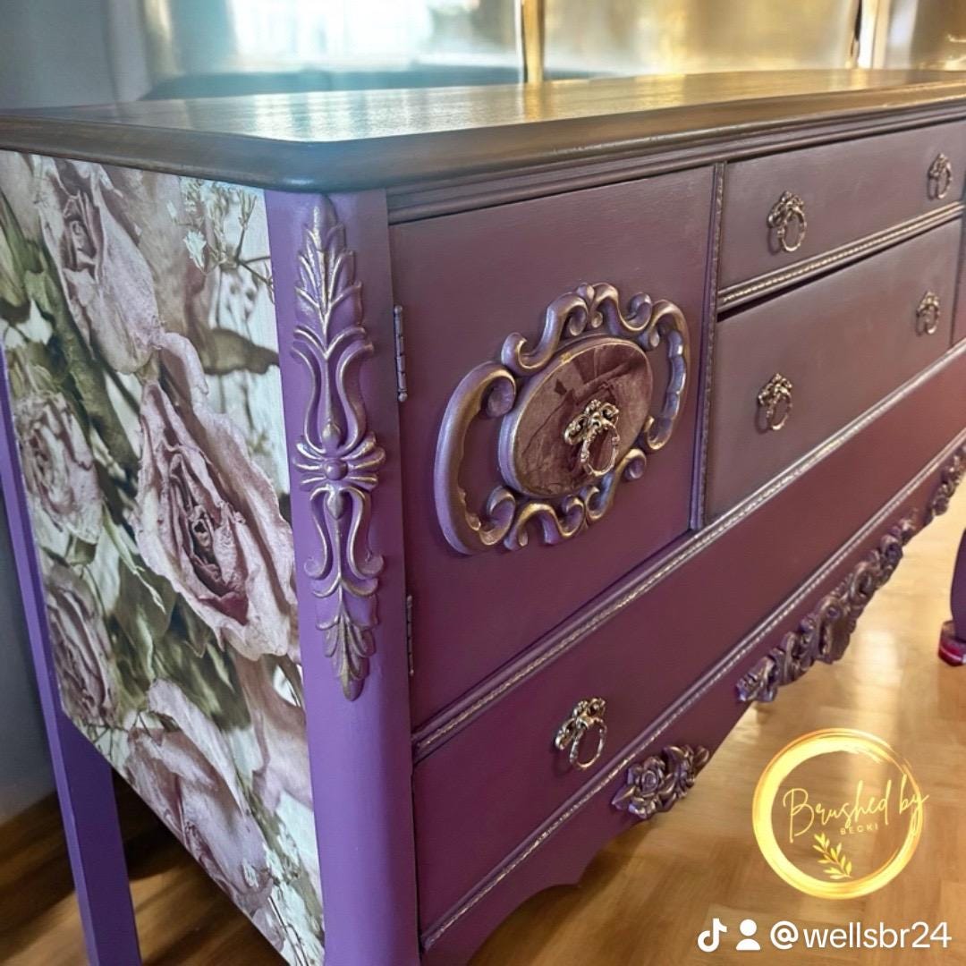 Antique Purple-Pink Hand Painted Buffet with Small Mirror, Entryway Cabinet, Shabby Chic Sepia Floral Decopauge, French Vintage Server