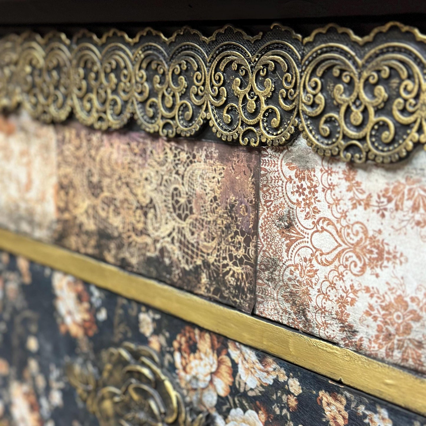Antique black floral chest of drawers, decopauged romantic gold floral DIY three drawer project, bedroom, entryway living room furniture
