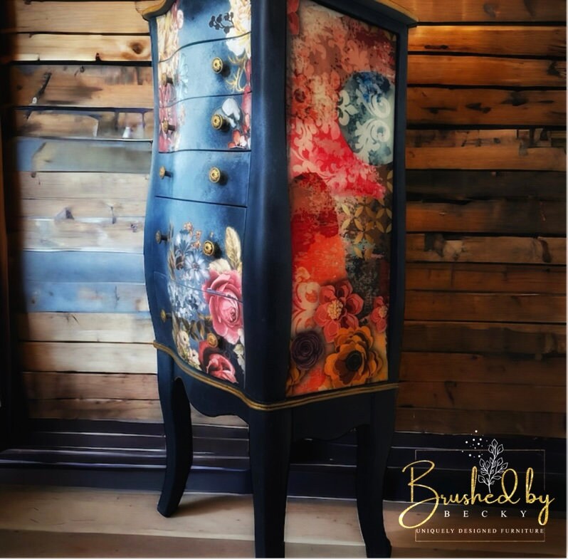 Blue painted floral jewelry armoire, Freestanding oraniser , Multiple drawers for more storage, Velvet lined interior, gold glamorous style