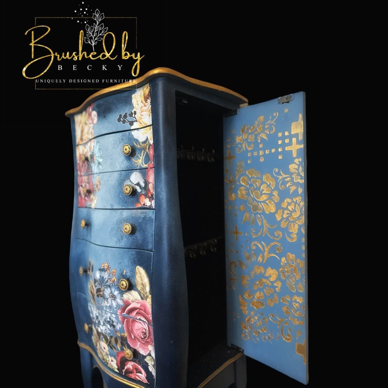 Blue painted floral jewelry armoire, Freestanding oraniser , Multiple drawers for more storage, Velvet lined interior, gold glamorous style