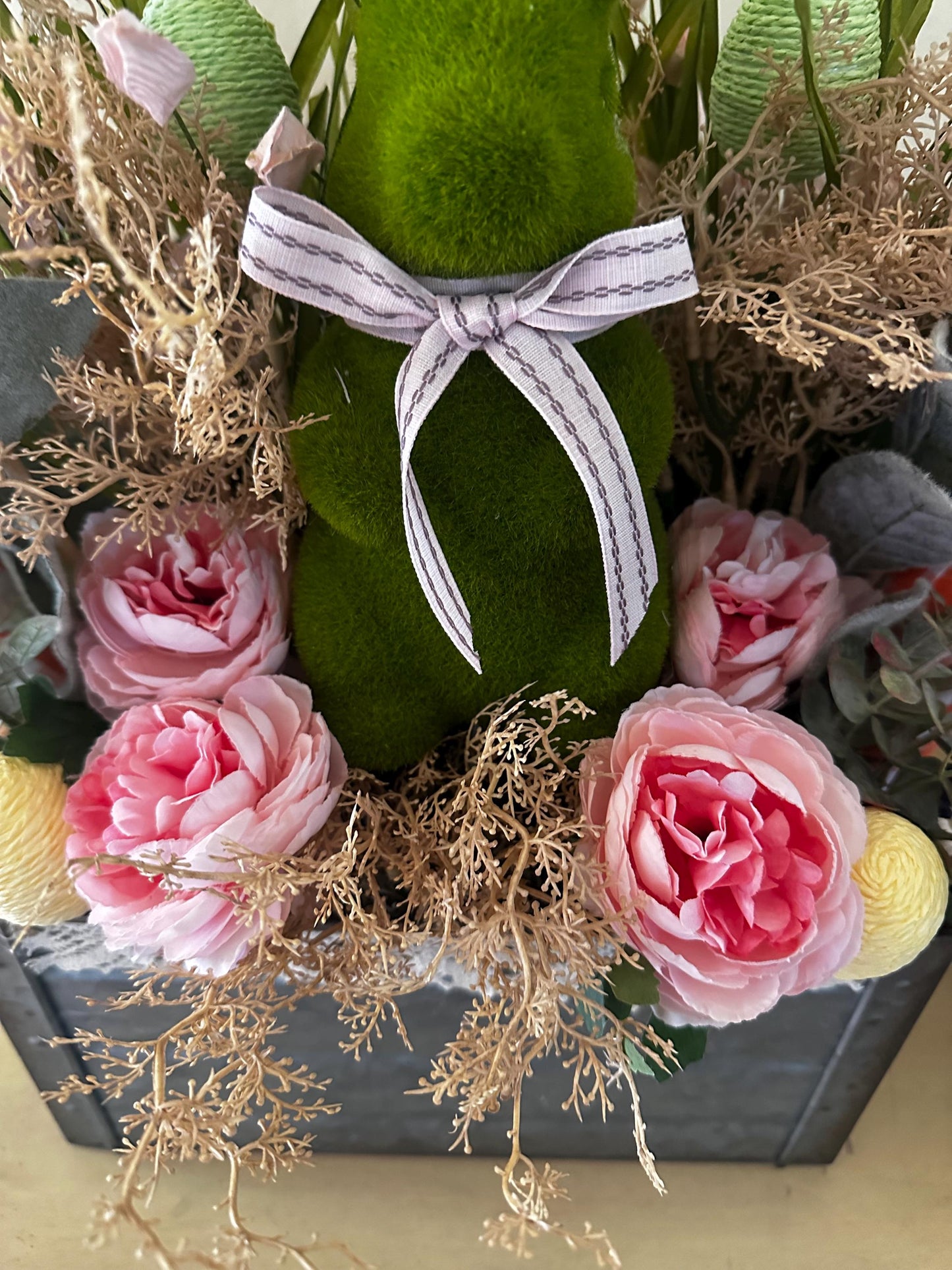 12 Inch Galvanised Easter-Spring Moss Bunny Center piece for dining table, rustic center piece, spring decor, Easter egg and carrot decor