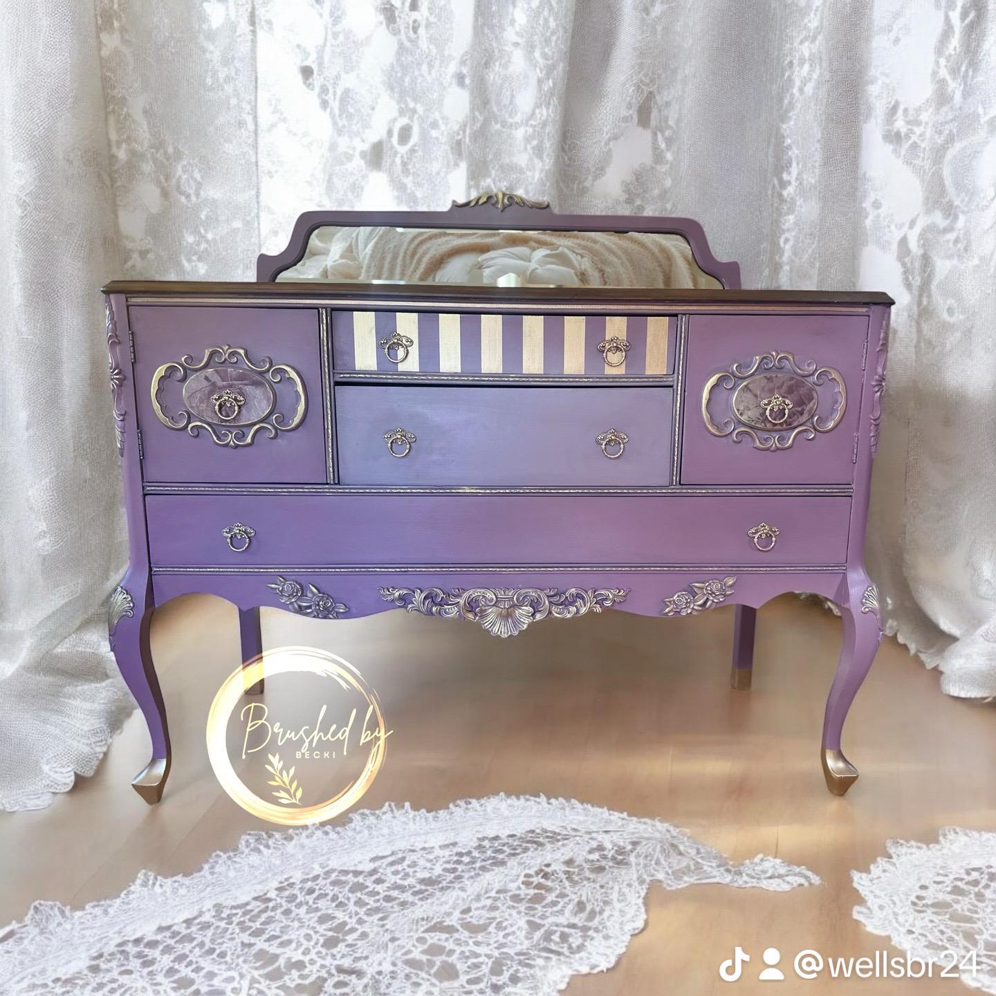 Antique Purple-Pink Hand Painted Buffet with Small Mirror, Entryway Cabinet, Shabby Chic Sepia Floral Decopauge, French Vintage Server
