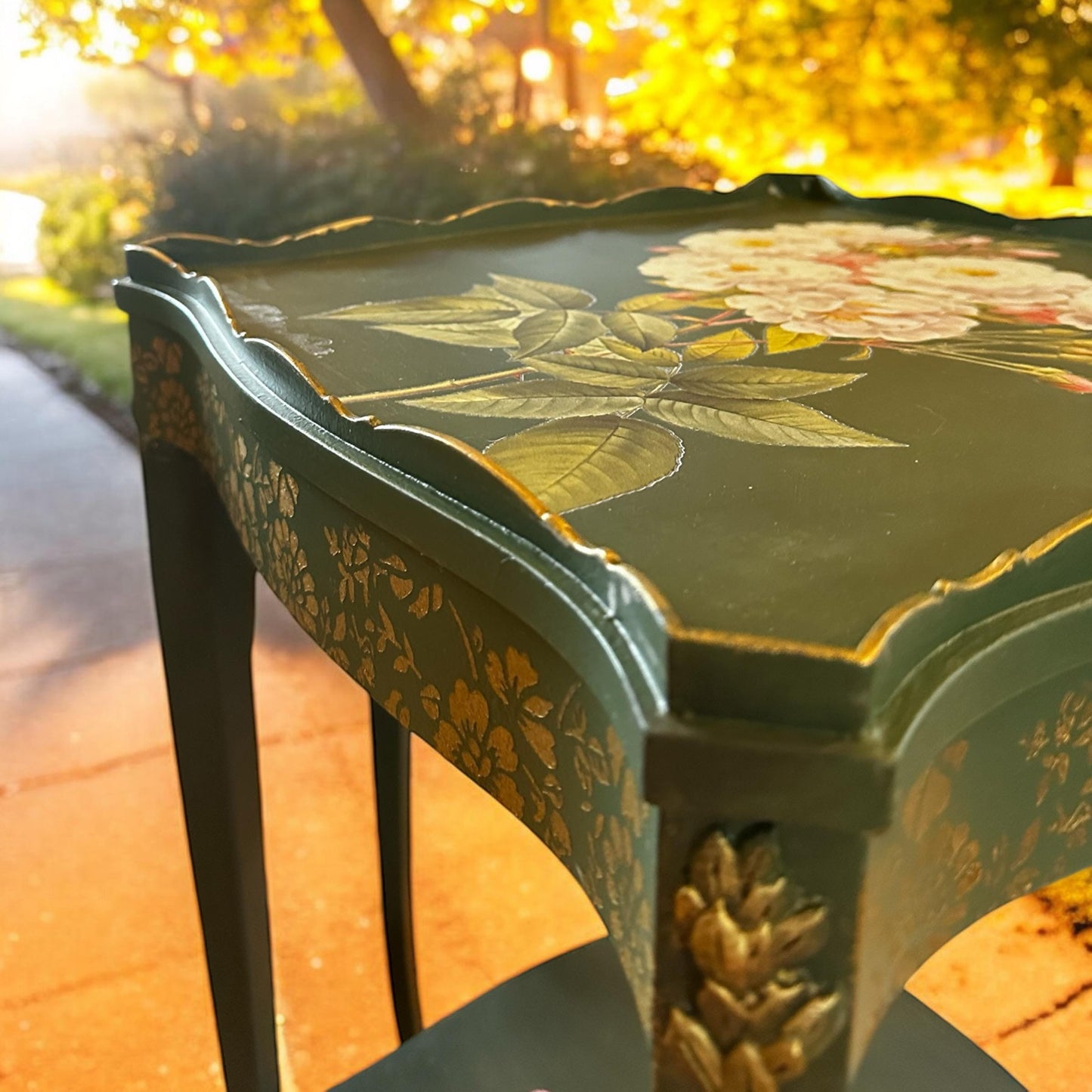Vintage Green End Tables, Antique Square Side Tables, Nightstands with minimal floral accents, recessed scalloped design square top tables
