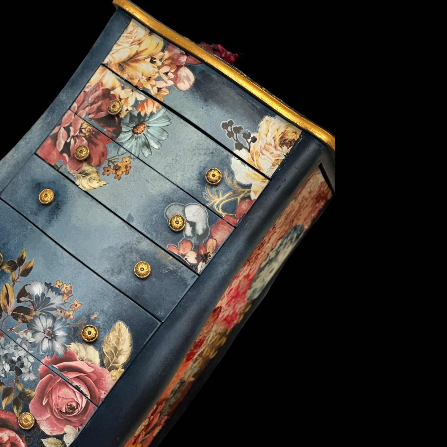 Blue painted floral jewelry armoire, Freestanding oraniser , Multiple drawers for more storage, Velvet lined interior, gold glamorous style