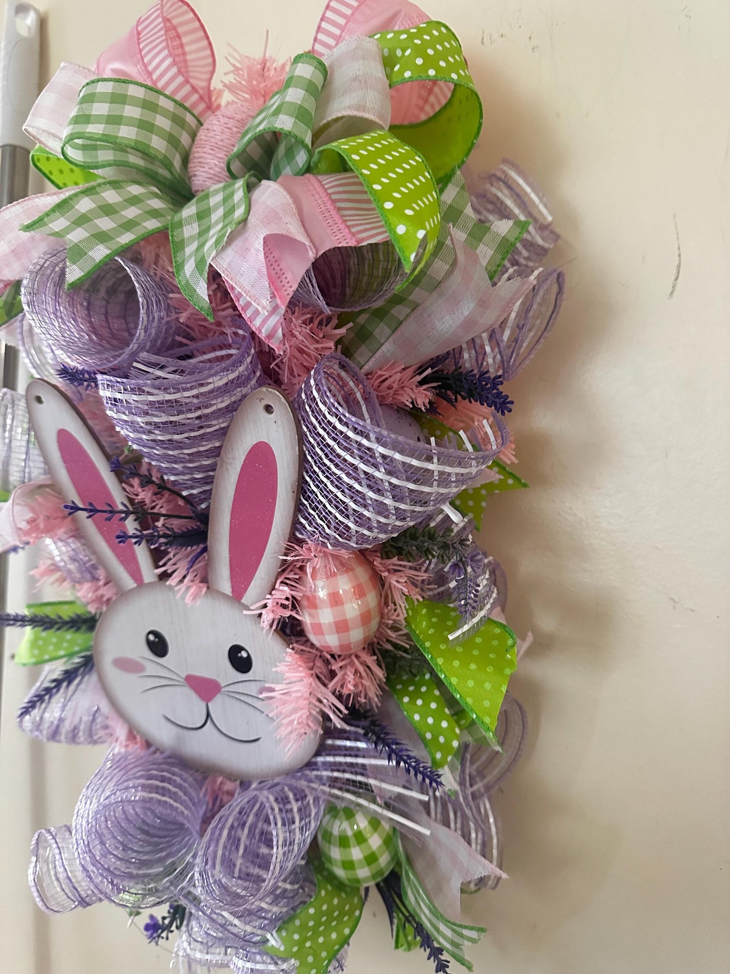 Easter Swag Wreath for front door, green, purple and pink deco mesh Spring wreath, housewarming gift for her, Easter Decor, sesonal wreath