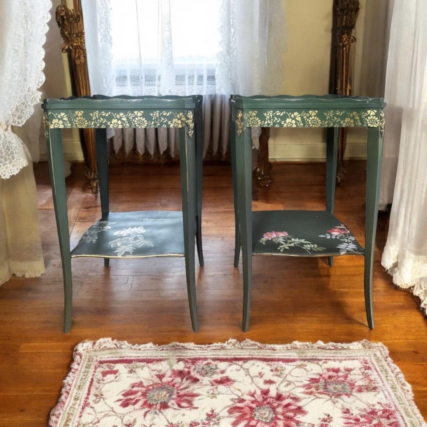 Vintage Green End Tables, Antique Square Side Tables, Nightstands with minimal floral accents, recessed scalloped design square top tables