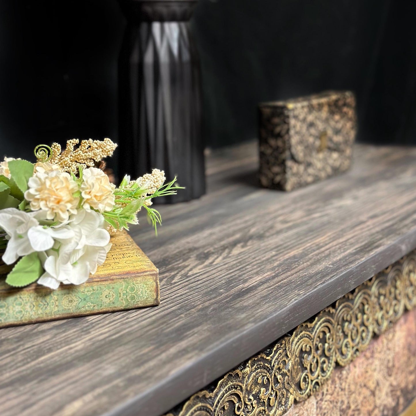 Antique black floral chest of drawers, decopauged romantic gold floral DIY three drawer project, bedroom, entryway living room furniture