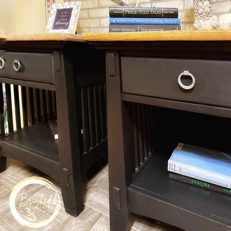 Rustic black and natural top wood end tables, minimalist chic style, Neutral wooden top side tables, single drawer and bottom storage.