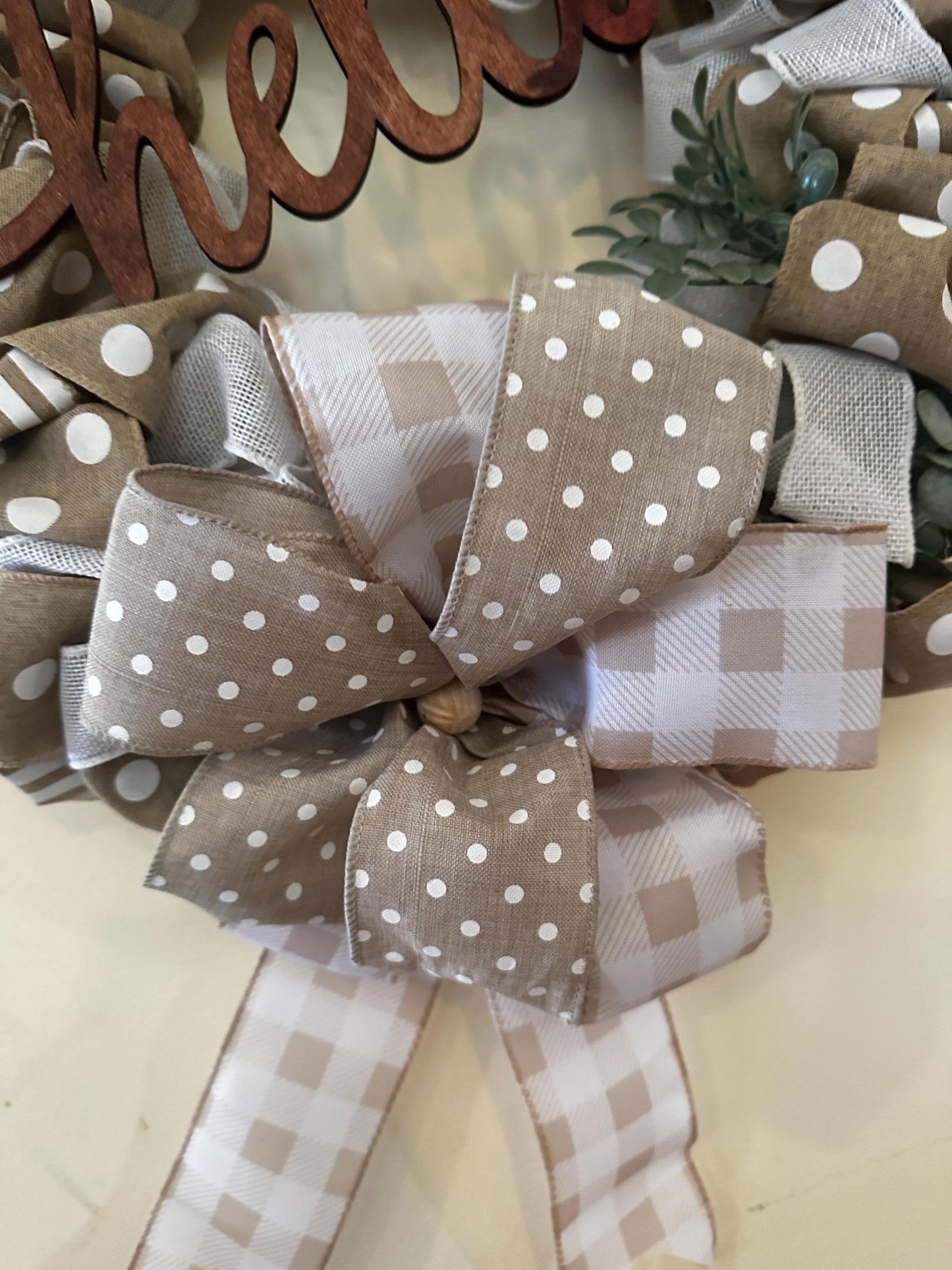 Everyday Farmhouse Wreath, Year Round Front Door Wreath, Neutral Burlap Ribbon Wreath with Greenery, Rustic Wall Decor, Handmade Gift