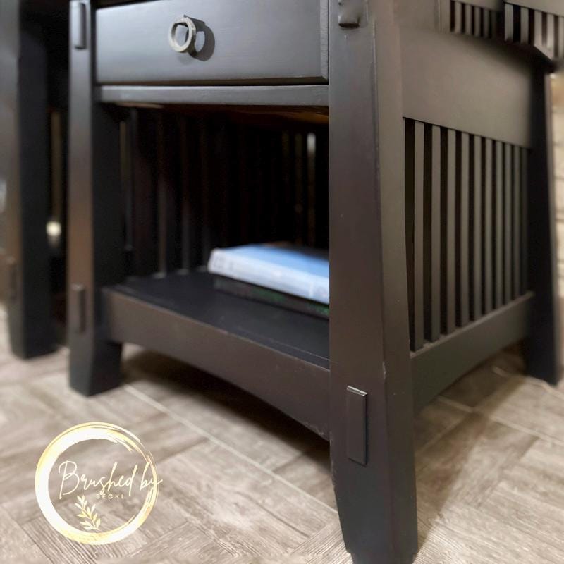 Rustic black and natural top wood end tables, minimalist chic style, Neutral wooden top side tables, single drawer and bottom storage.