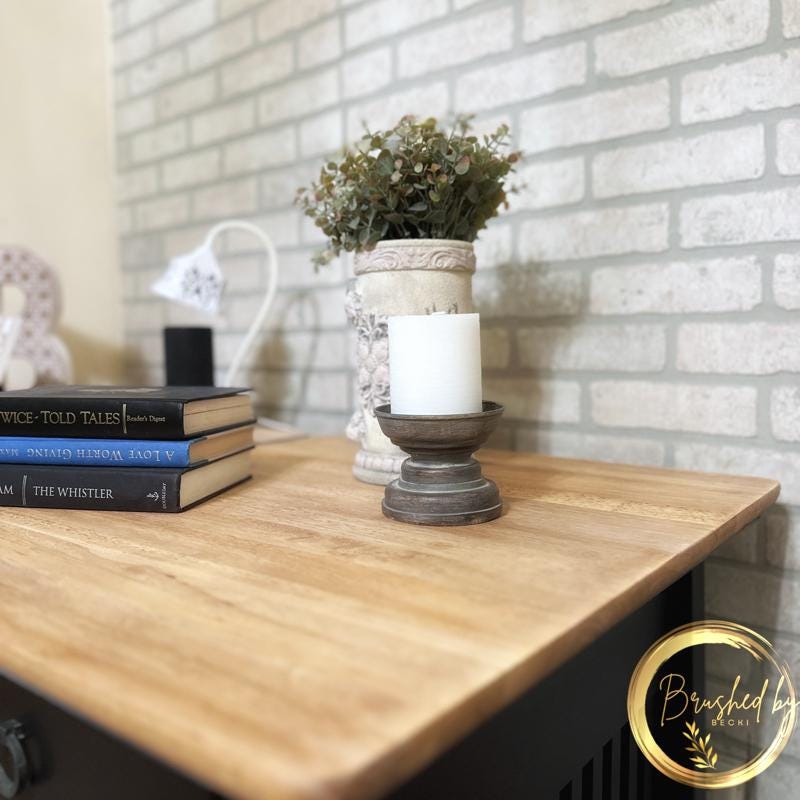 Rustic black and natural top wood end tables, minimalist chic style, Neutral wooden top side tables, single drawer and bottom storage.