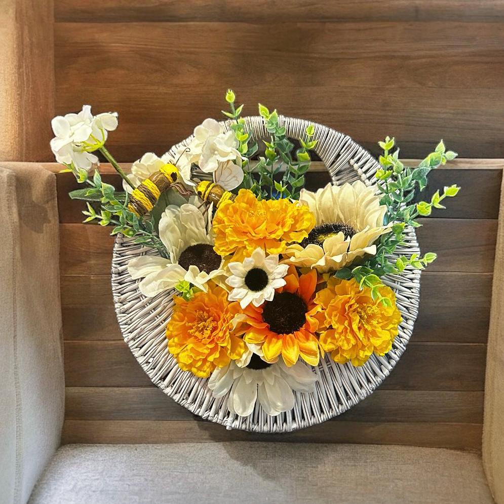 Farmhouse Sunflower Floral Arrangement, Sunflower Wicker Basket Hanging Decor, Gift for Mom, Countertop Home Decor, Sunflower Accent Piece