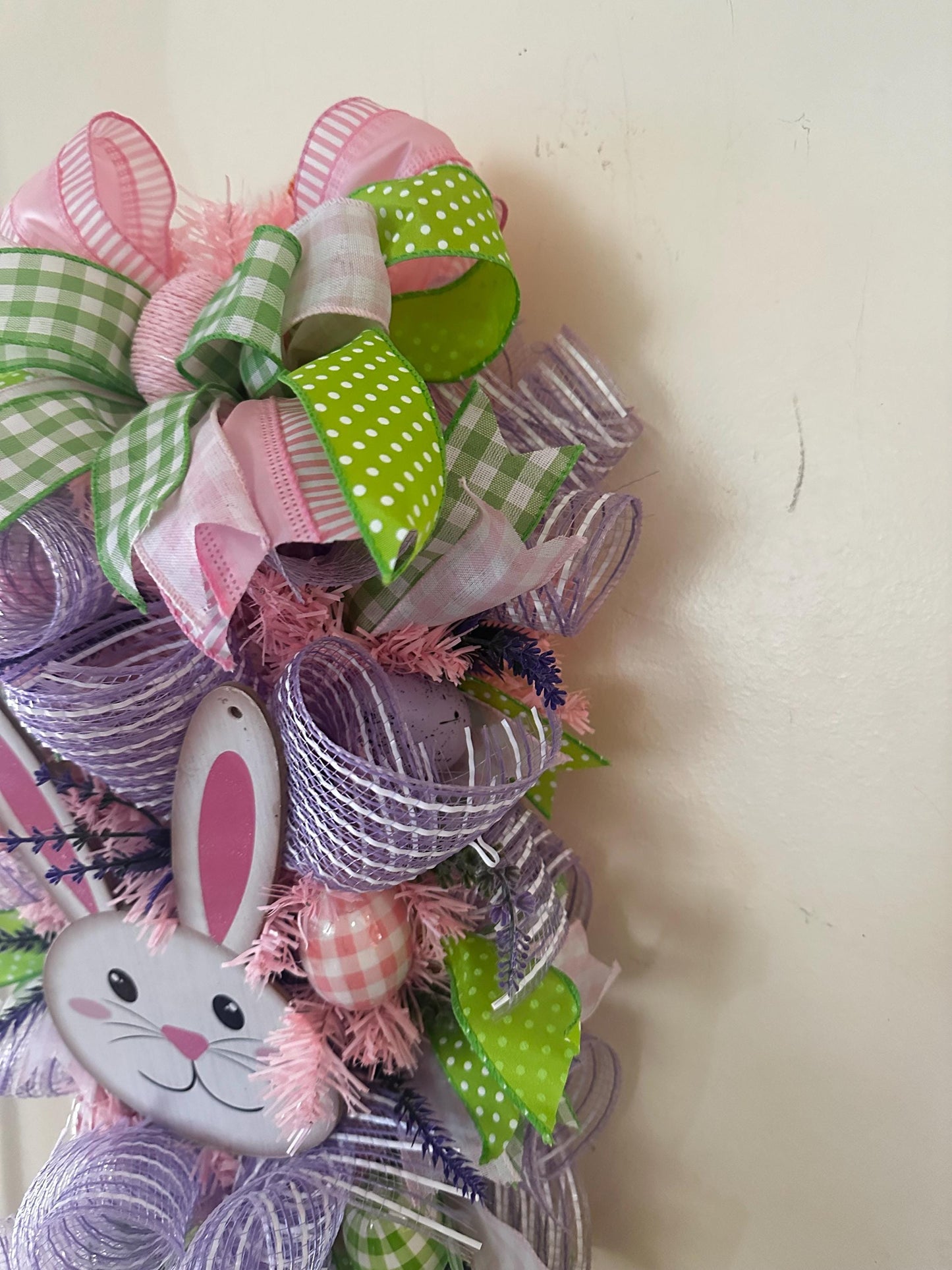 Easter Swag Wreath for front door, green, purple and pink deco mesh Spring wreath, housewarming gift for her, Easter Decor, sesonal wreath
