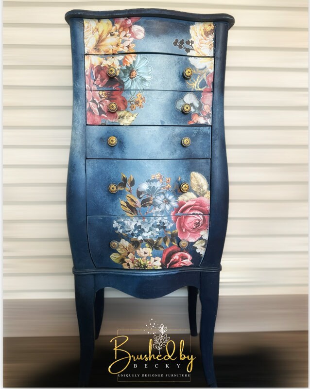 Blue painted floral jewelry armoire, Freestanding oraniser , Multiple drawers for more storage, Velvet lined interior, gold glamorous style