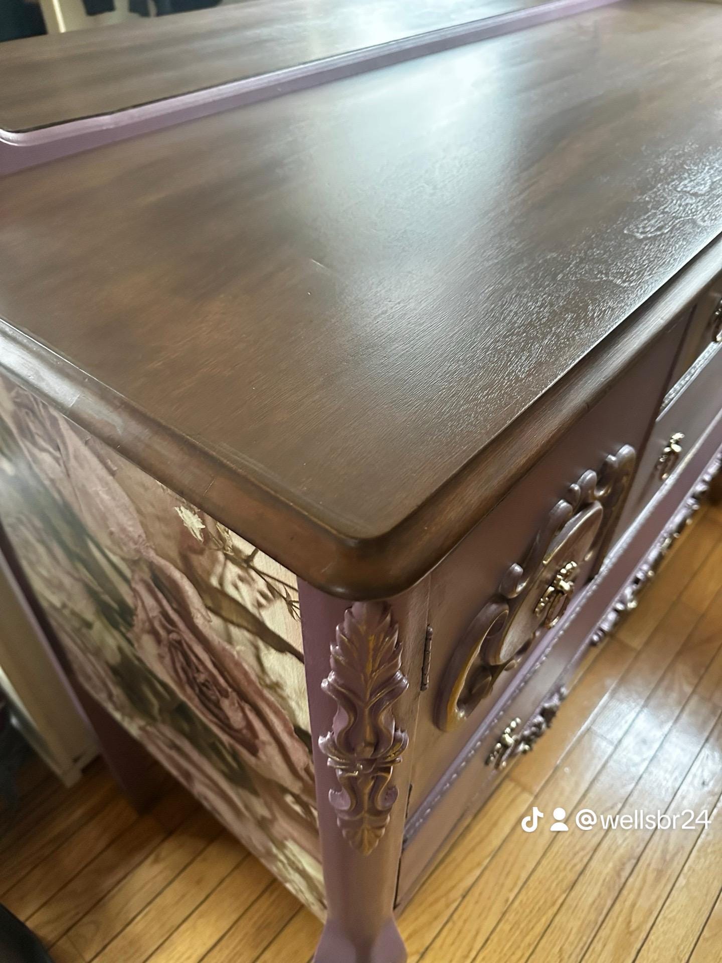 Antique Purple-Pink Hand Painted Buffet with Small Mirror, Entryway Cabinet, Shabby Chic Sepia Floral Decopauge, French Vintage Server