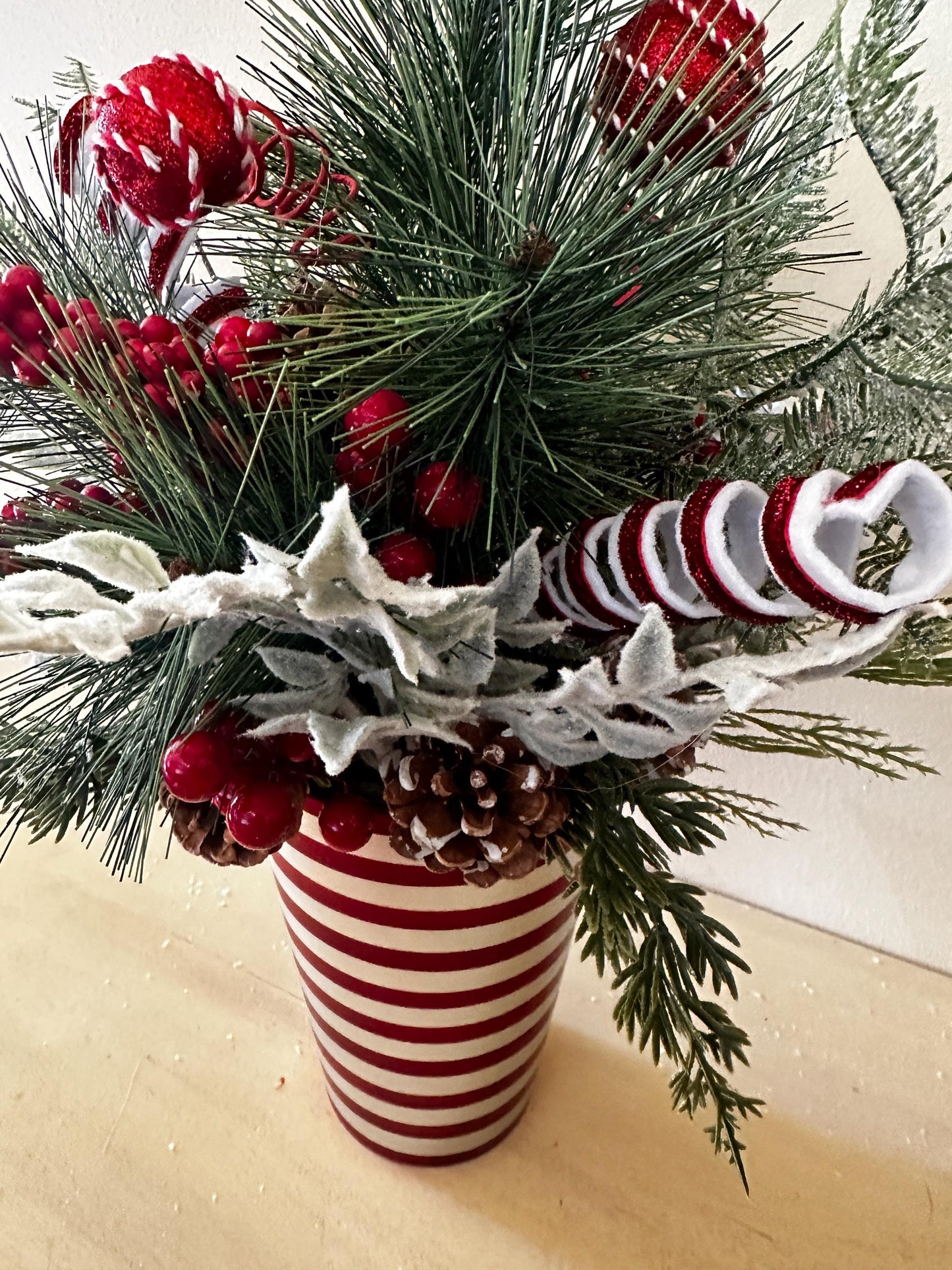 Christmas Centerpiece- Christmas Floral Arrangement- Holiday Decor- Peppermint Pine Arrangement- Candy Cane Theme Christmas Decor Rustic