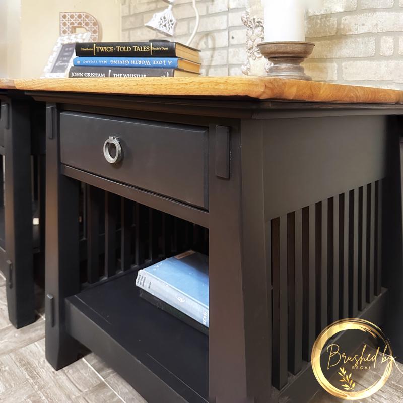 Rustic black and natural top wood end tables, minimalist chic style, Neutral wooden top side tables, single drawer and bottom storage.