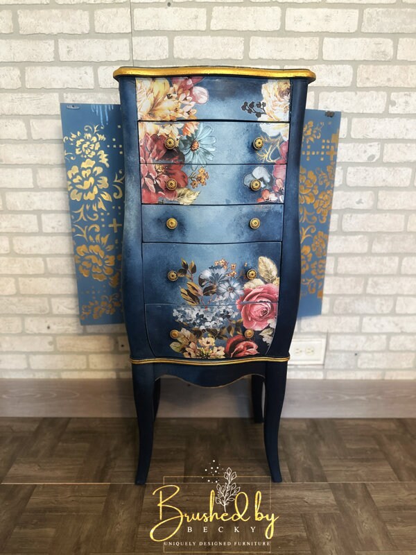 Blue painted floral jewelry armoire, Freestanding oraniser , Multiple drawers for more storage, Velvet lined interior, gold glamorous style
