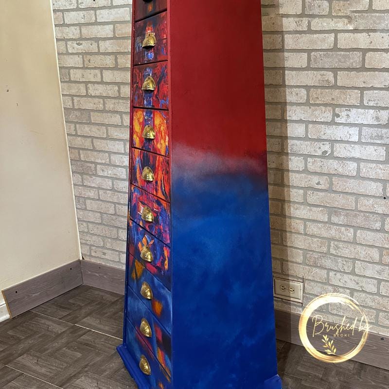 Unique guitar-shaped painted chest of drawers, Abstract Art Furniture,, Decopauged and Painted Tall Dresser with 10 Drawers,Pyramid Shaped