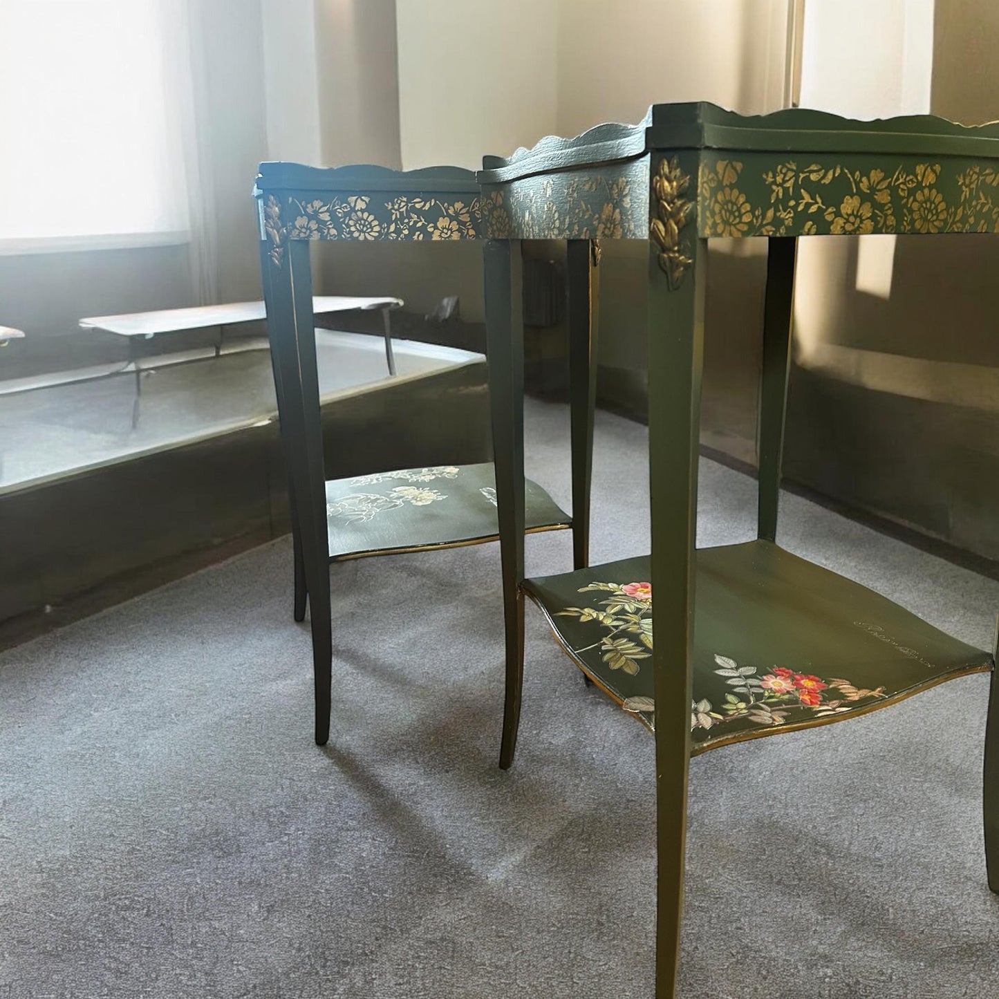 Vintage Green End Tables, Antique Square Side Tables, Nightstands with minimal floral accents, recessed scalloped design square top tables