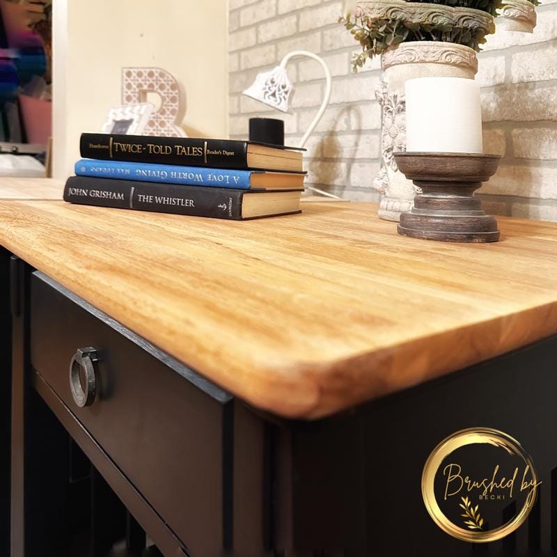 Rustic black and natural top wood end tables, minimalist chic style, Neutral wooden top side tables, single drawer and bottom storage.