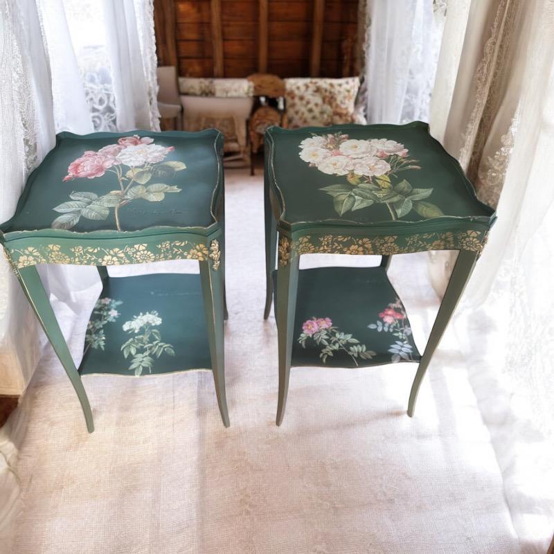 Vintage Green End Tables, Antique Square Side Tables, Nightstands with minimal floral accents, recessed scalloped design square top tables
