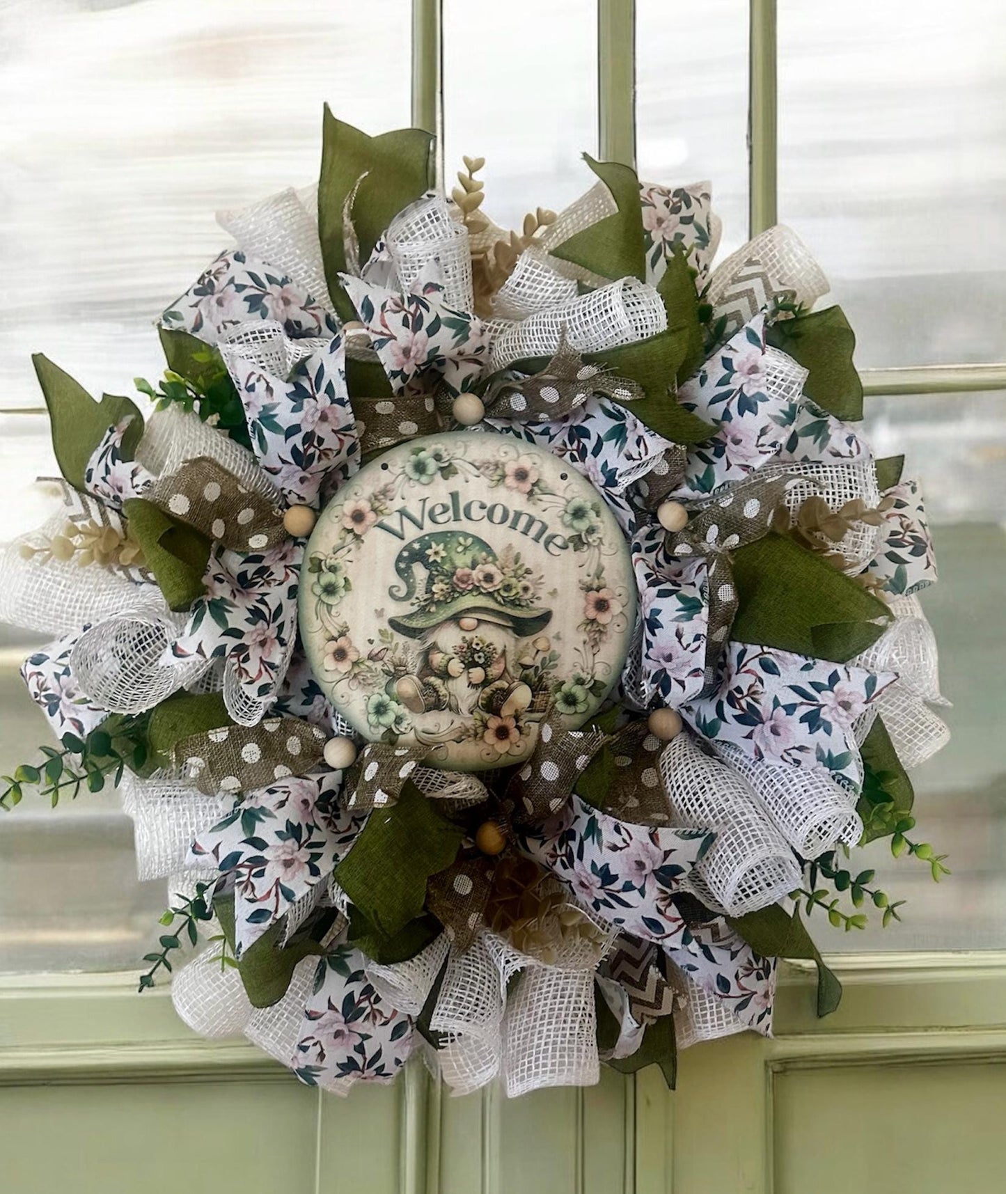 Gnome Wreath for Front Door, Spring and Summer Wreath, Green and White floral deco mesh wreath with greenery, gift for her, welcome wreath