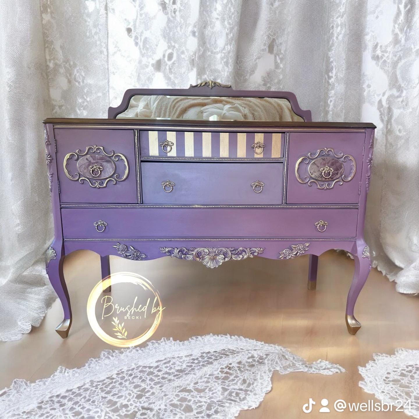 Antique Purple-Pink Hand Painted Buffet with Small Mirror, Entryway Cabinet, Shabby Chic Sepia Floral Decopauge, French Vintage Server