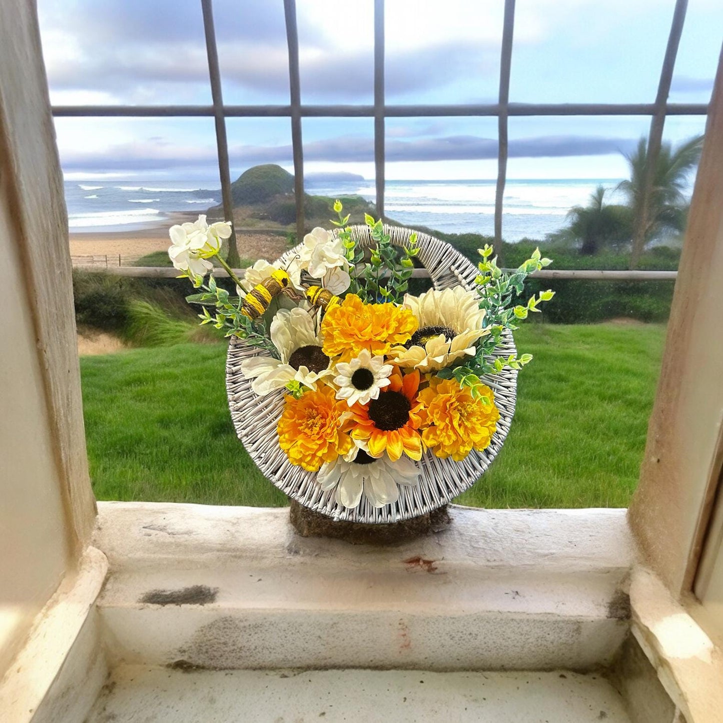 Farmhouse Sunflower Floral Arrangement, Sunflower Wicker Basket Hanging Decor, Gift for Mom, Countertop Home Decor, Sunflower Accent Piece