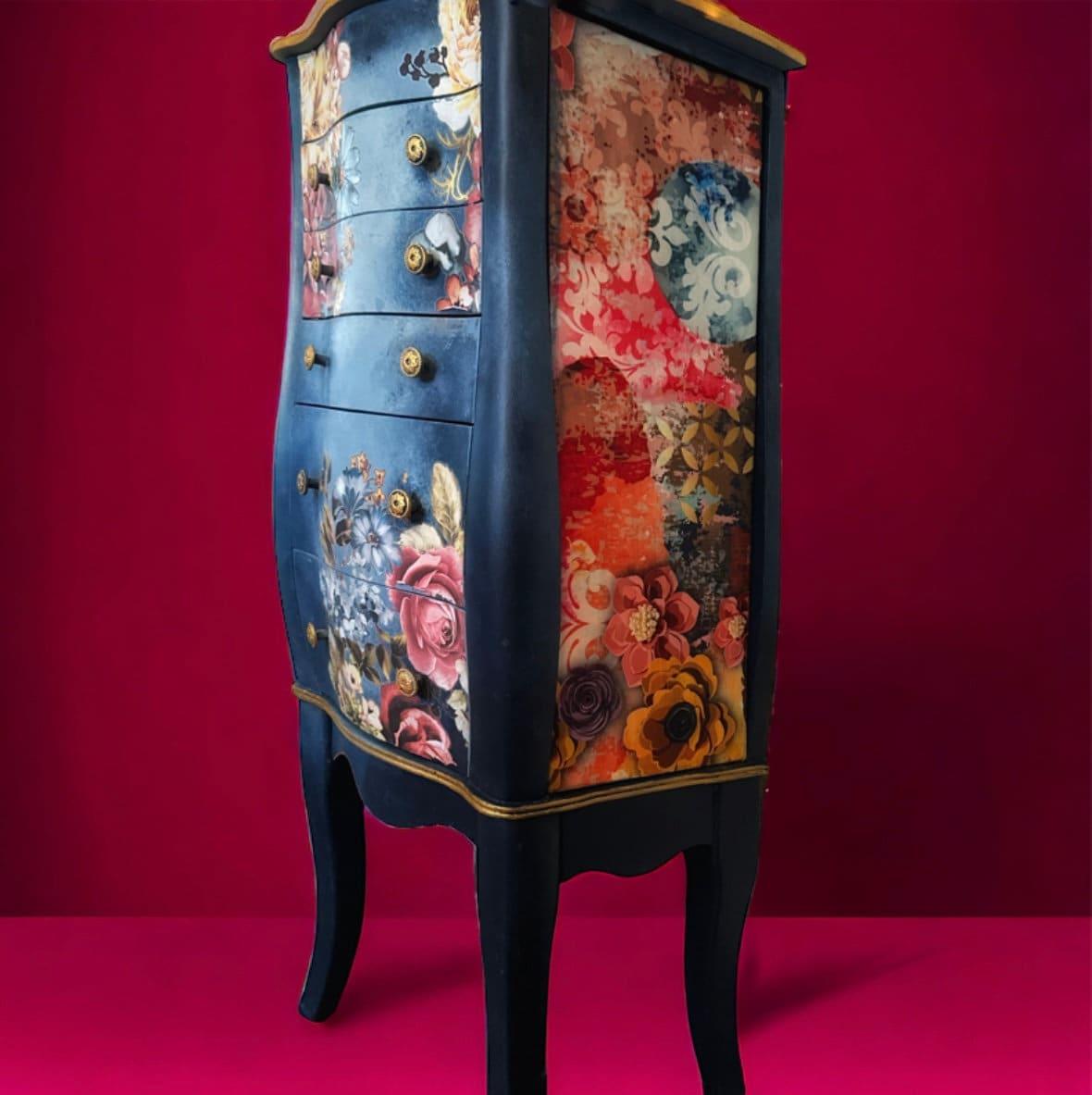 Blue painted floral jewelry armoire, Freestanding oraniser , Multiple drawers for more storage, Velvet lined interior, gold glamorous style