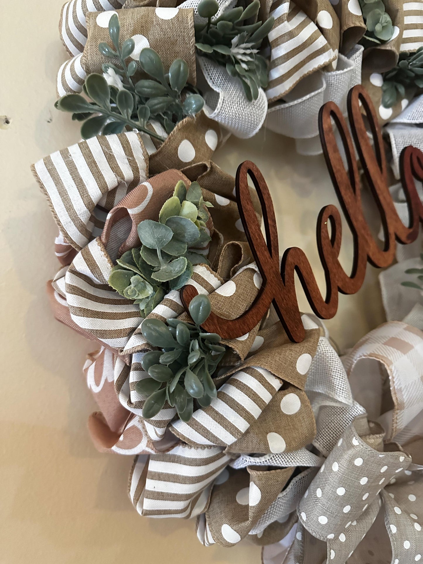 Everyday Farmhouse Wreath, Year Round Front Door Wreath, Neutral Burlap Ribbon Wreath with Greenery, Rustic Wall Decor, Handmade Gift