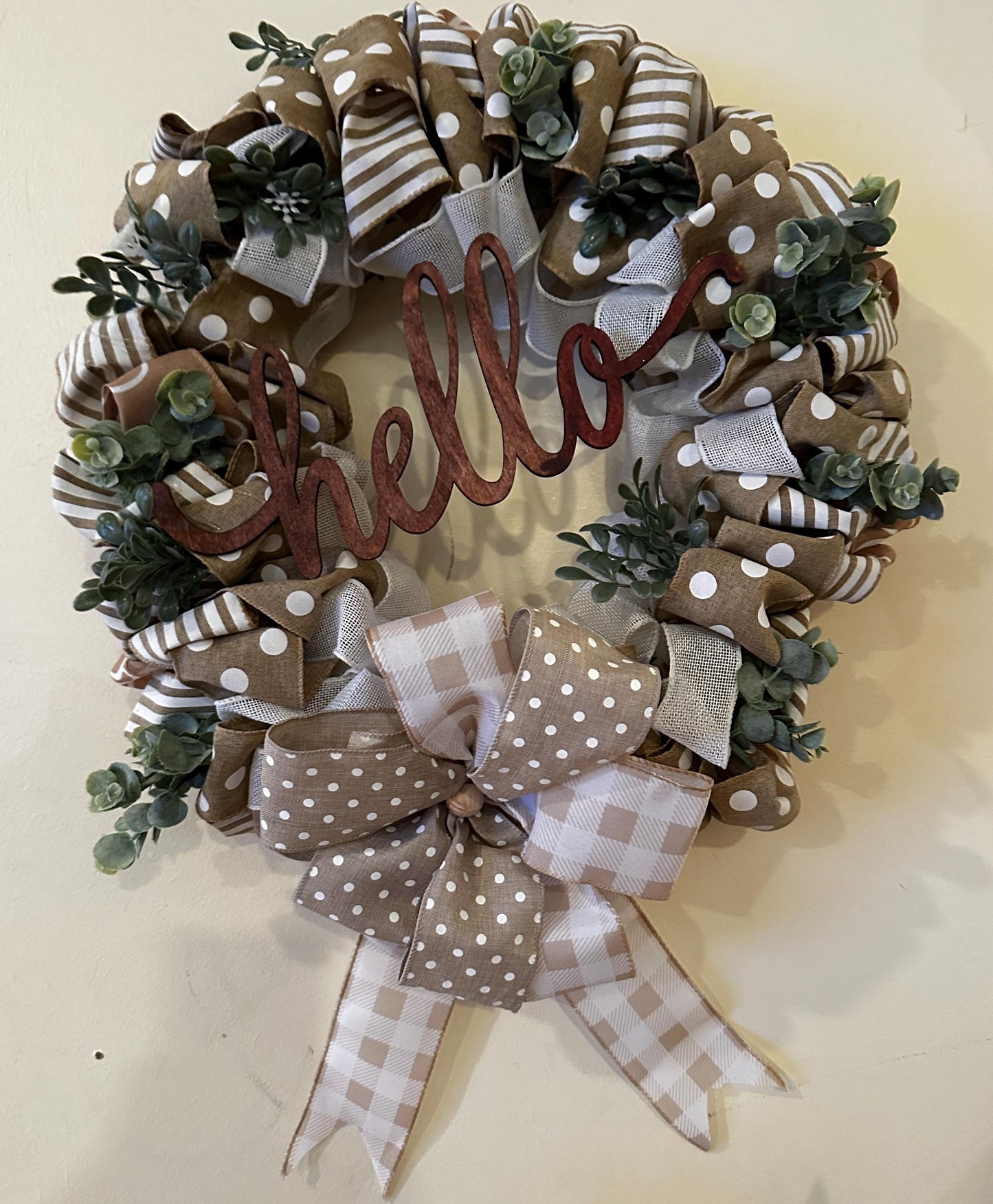 Everyday Farmhouse Wreath, Year Round Front Door Wreath, Neutral Burlap Ribbon Wreath with Greenery, Rustic Wall Decor, Handmade Gift