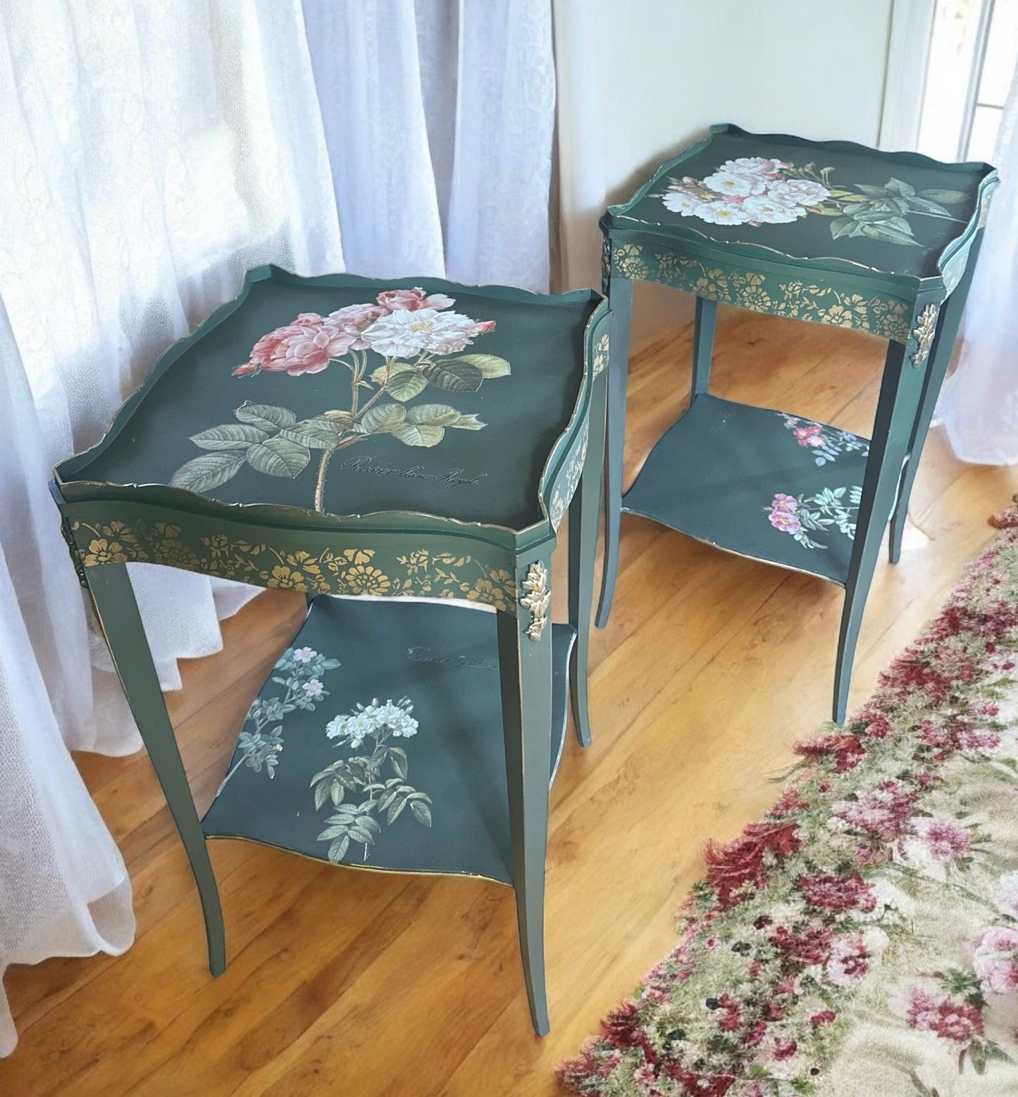 Vintage Green End Tables, Antique Square Side Tables, Nightstands with minimal floral accents, recessed scalloped design square top tables
