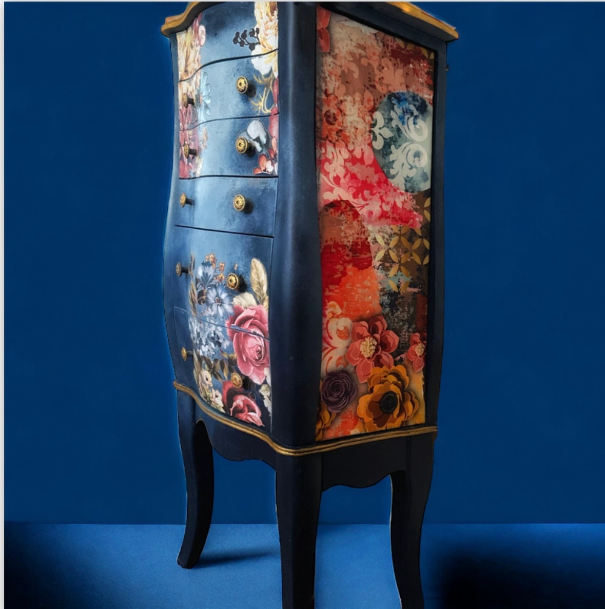 Blue painted floral jewelry armoire, Freestanding oraniser , Multiple drawers for more storage, Velvet lined interior, gold glamorous style