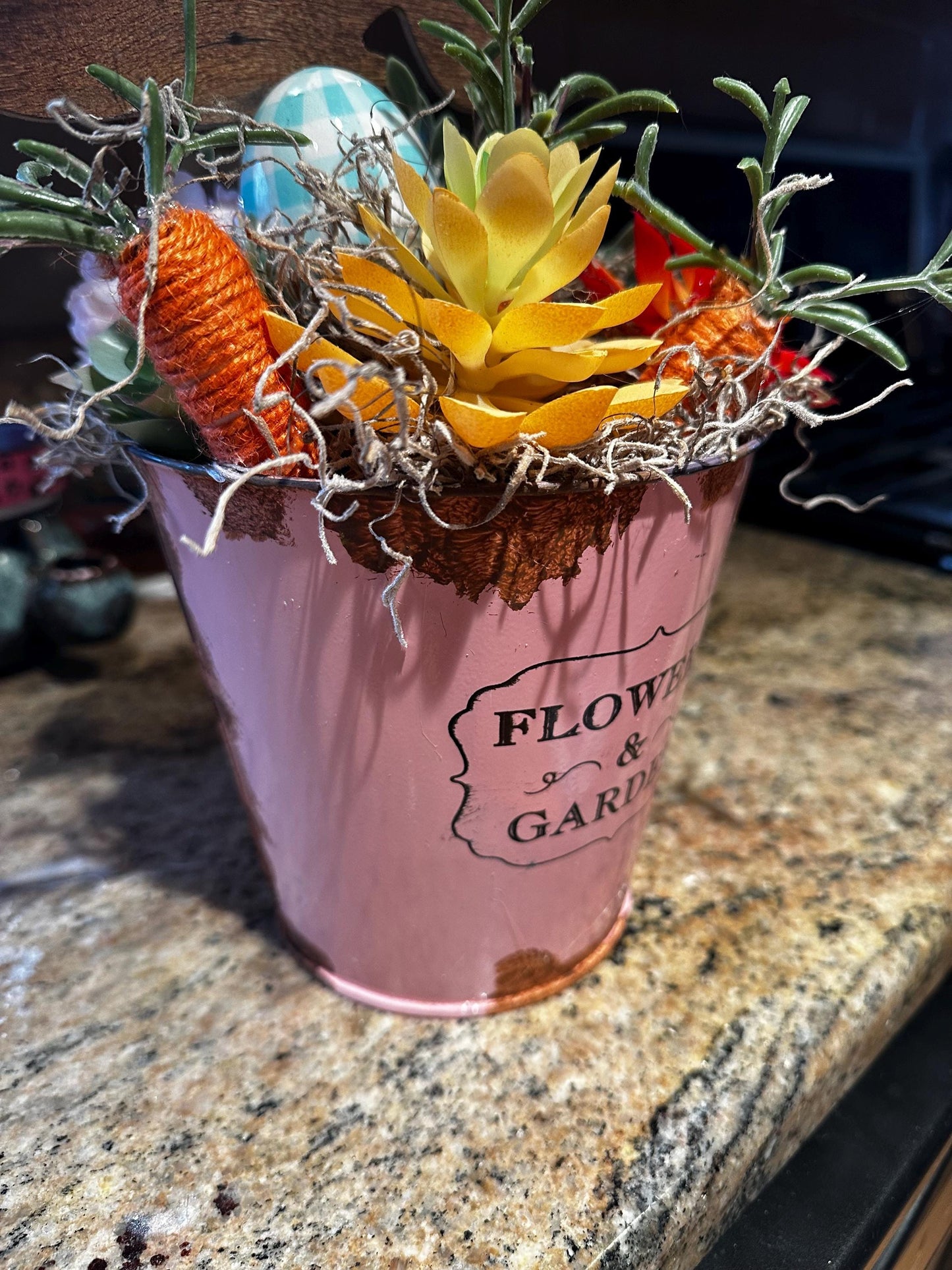Easter Spring succulent floral center piece, pink faux rust metal flower pot for the vase, faux wood easter bunny, Easter Floral Decor