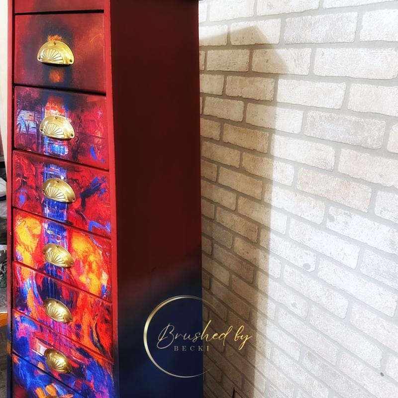Unique guitar-shaped painted chest of drawers, Abstract Art Furniture,, Decopauged and Painted Tall Dresser with 10 Drawers,Pyramid Shaped